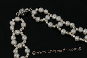 Wn047 Hand knotted freshwater pearl& plated silver spacer beads wedding costume necklace