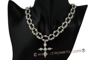 Wn047 Hand knotted freshwater pearl& plated silver spacer beads wedding costume necklace