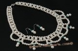 Wn050 Hand kniteed white freshwater pearl& crystal bridesmaid necklace set