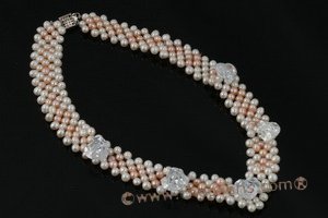 wn053 Hand knitted V style potato pearl Wedding Necklace with heart crystal