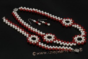 Wn057 Fancy Hand kniteed freshwater pearll&red coral bridesmaid jewerly set