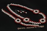 Wn057 Fancy Hand kniteed freshwater pearll&red coral bridesmaid jewerly set