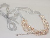 wn080 Handcrafted Freshwater  pearl bridal necklace with ribbon bowknot