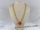 ZN003 Handmade yellow oval cubic zircon necklace with red layers flower pendant