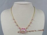 ZN027 Hand-wired pink layer flower zircon& glass beads necklace