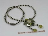 ZN036 Black cubic crystals necklace with green zircon flower pendant